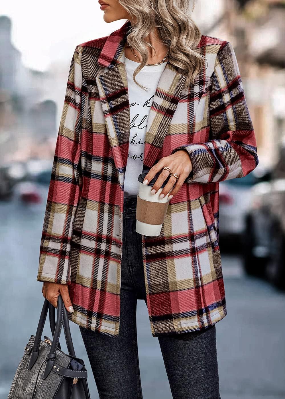 imagePRETTYGARDEN Women Plaid Shacket Jacket Trendy Fall Casual Button Wool Blend Tartan Trench Coat Winter Clothing with PocketsShort Style Red