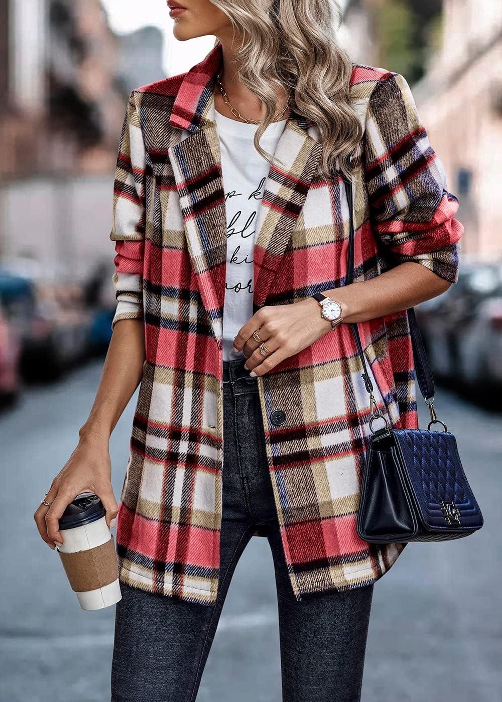 imagePRETTYGARDEN Women Plaid Shacket Jacket Trendy Fall Casual Button Wool Blend Tartan Trench Coat Winter Clothing with PocketsShort Style Red