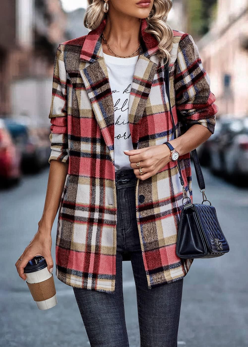 imagePRETTYGARDEN Women Plaid Shacket Jacket Trendy Fall Casual Button Wool Blend Tartan Trench Coat Winter Clothing with PocketsShort Style Red