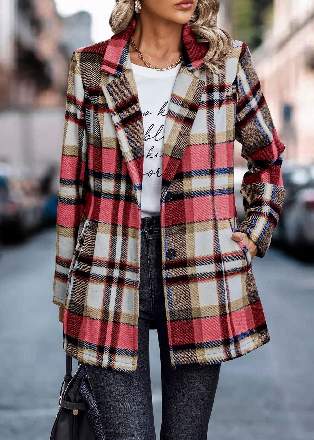 imagePRETTYGARDEN Women Plaid Shacket Jacket Trendy Fall Casual Button Wool Blend Tartan Trench Coat Winter Clothing with PocketsShort Style Red