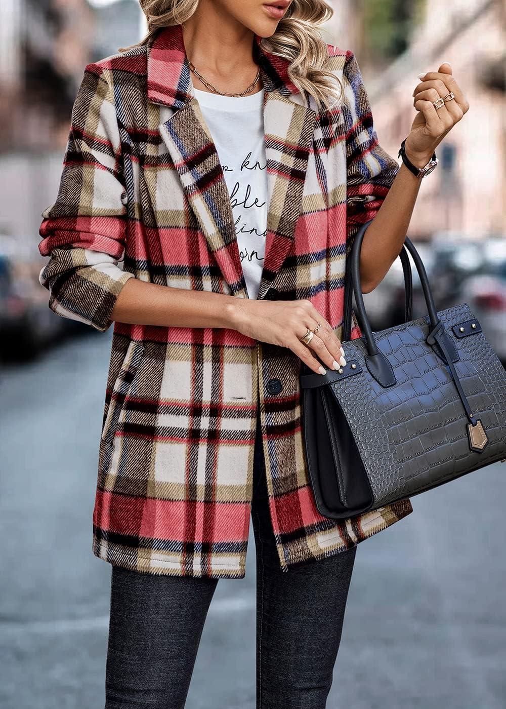 imagePRETTYGARDEN Women Plaid Shacket Jacket Trendy Fall Casual Button Wool Blend Tartan Trench Coat Winter Clothing with PocketsShort Style Red