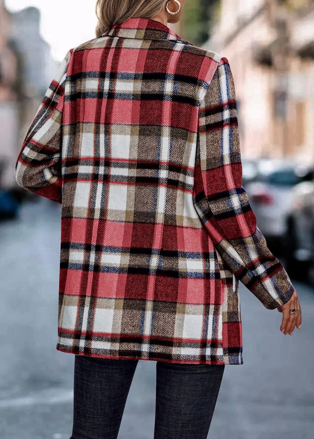 imagePRETTYGARDEN Women Plaid Shacket Jacket Trendy Fall Casual Button Wool Blend Tartan Trench Coat Winter Clothing with PocketsShort Style Red