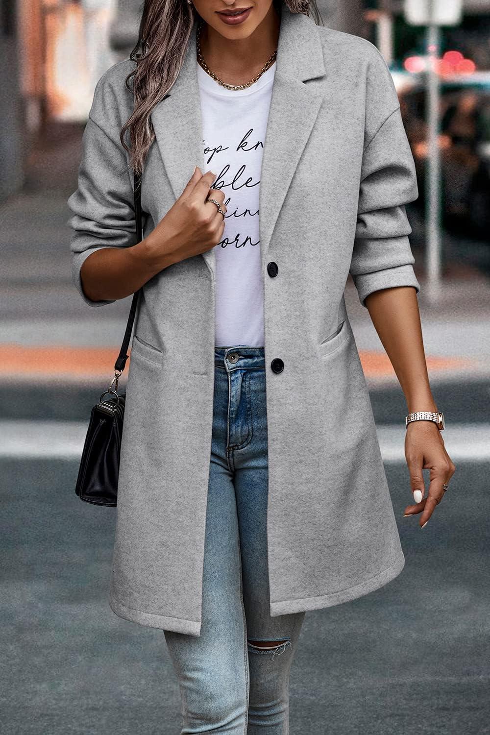 imagePRETTYGARDEN Women Plaid Shacket Jacket Trendy Fall Casual Button Wool Blend Tartan Trench Coat Winter Clothing with PocketsSolid Light Grey