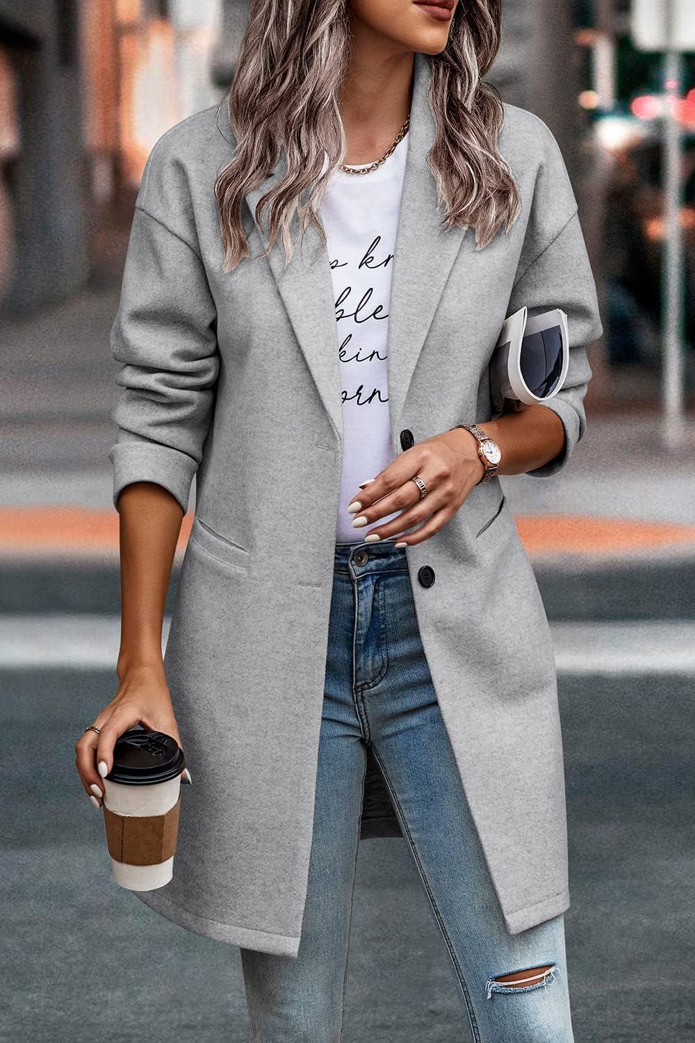 imagePRETTYGARDEN Women Plaid Shacket Jacket Trendy Fall Casual Button Wool Blend Tartan Trench Coat Winter Clothing with PocketsSolid Light Grey