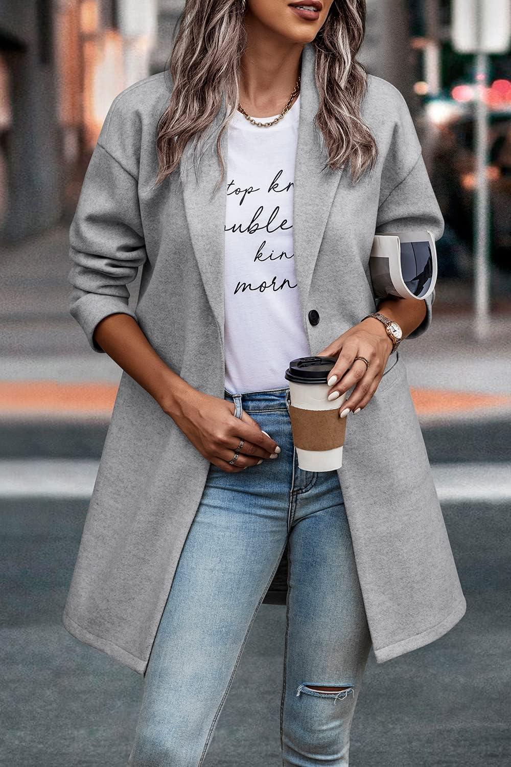 imagePRETTYGARDEN Women Plaid Shacket Jacket Trendy Fall Casual Button Wool Blend Tartan Trench Coat Winter Clothing with PocketsSolid Light Grey