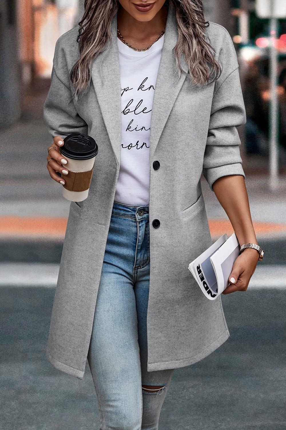 imagePRETTYGARDEN Women Plaid Shacket Jacket Trendy Fall Casual Button Wool Blend Tartan Trench Coat Winter Clothing with PocketsSolid Light Grey