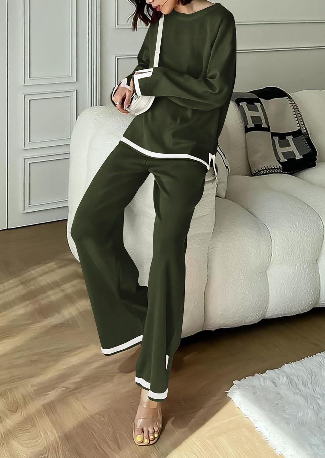 imagePRETTYGARDEN Womens 2 Piece Fall Knit Sweater Set Long Sleeve Tops Wide Leg Pants Sweatsuit Tracksuit Outfit Winter ClothingArmy Green