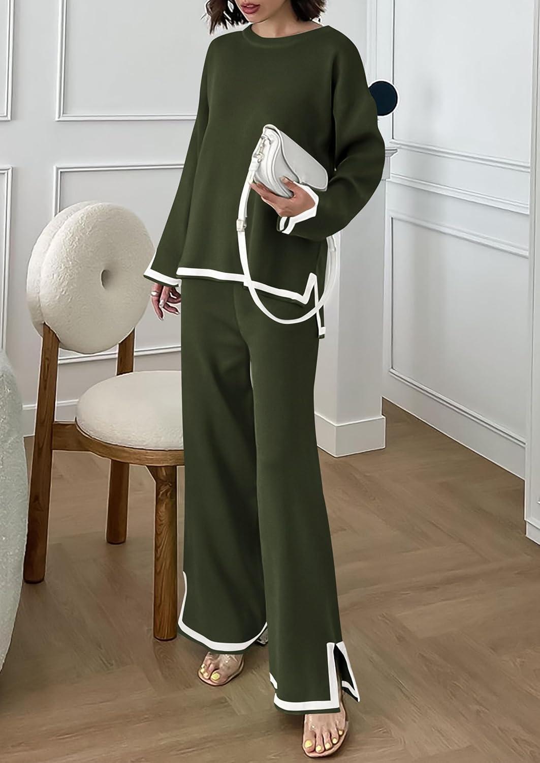imagePRETTYGARDEN Womens 2 Piece Fall Knit Sweater Set Long Sleeve Tops Wide Leg Pants Sweatsuit Tracksuit Outfit Winter ClothingArmy Green