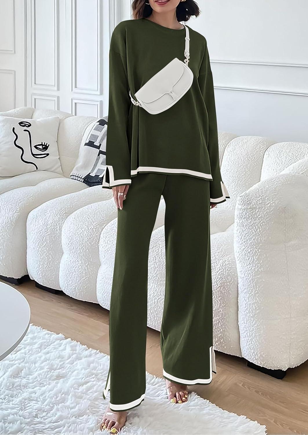 imagePRETTYGARDEN Womens 2 Piece Fall Knit Sweater Set Long Sleeve Tops Wide Leg Pants Sweatsuit Tracksuit Outfit Winter ClothingArmy Green