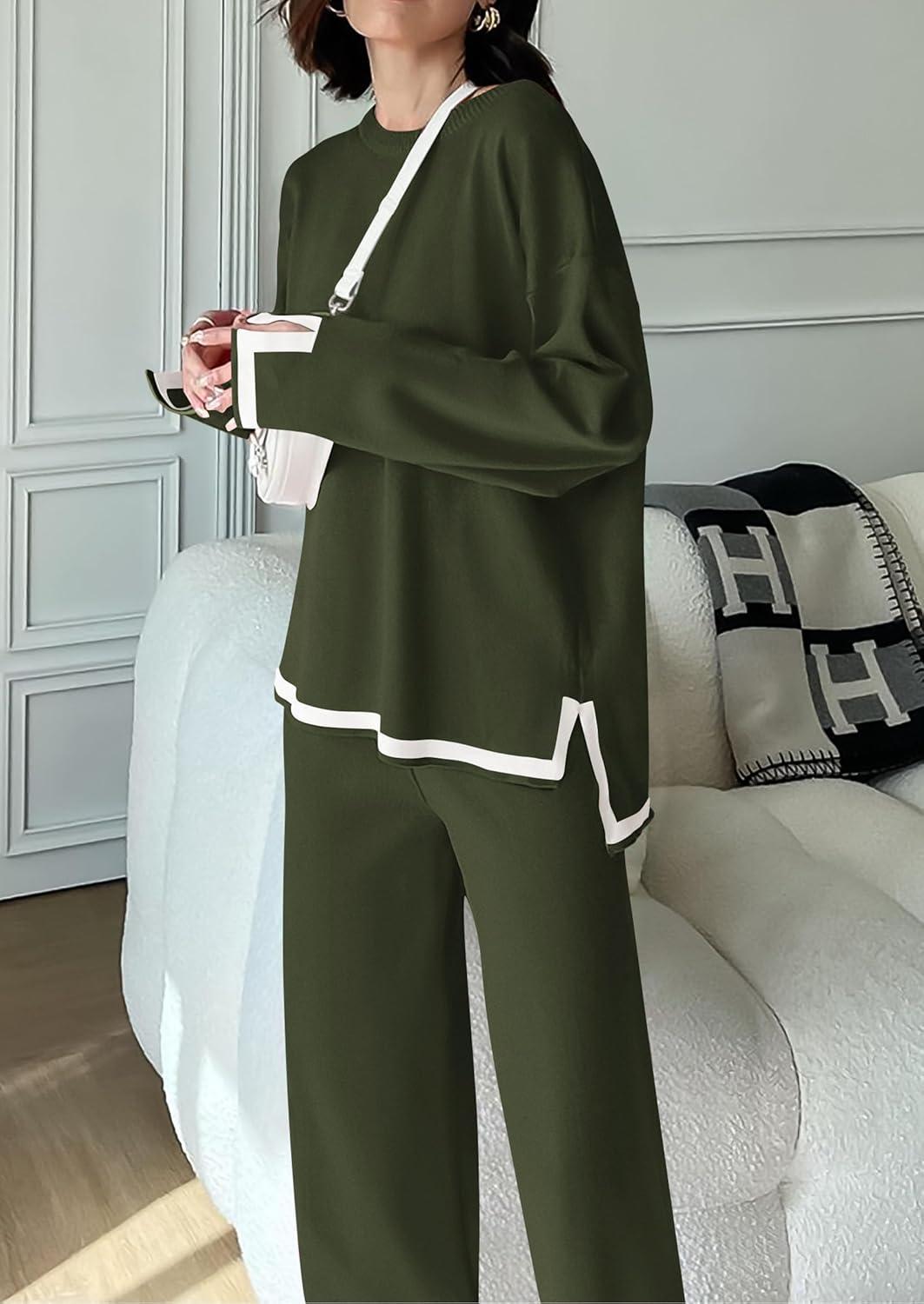 imagePRETTYGARDEN Womens 2 Piece Fall Knit Sweater Set Long Sleeve Tops Wide Leg Pants Sweatsuit Tracksuit Outfit Winter ClothingArmy Green