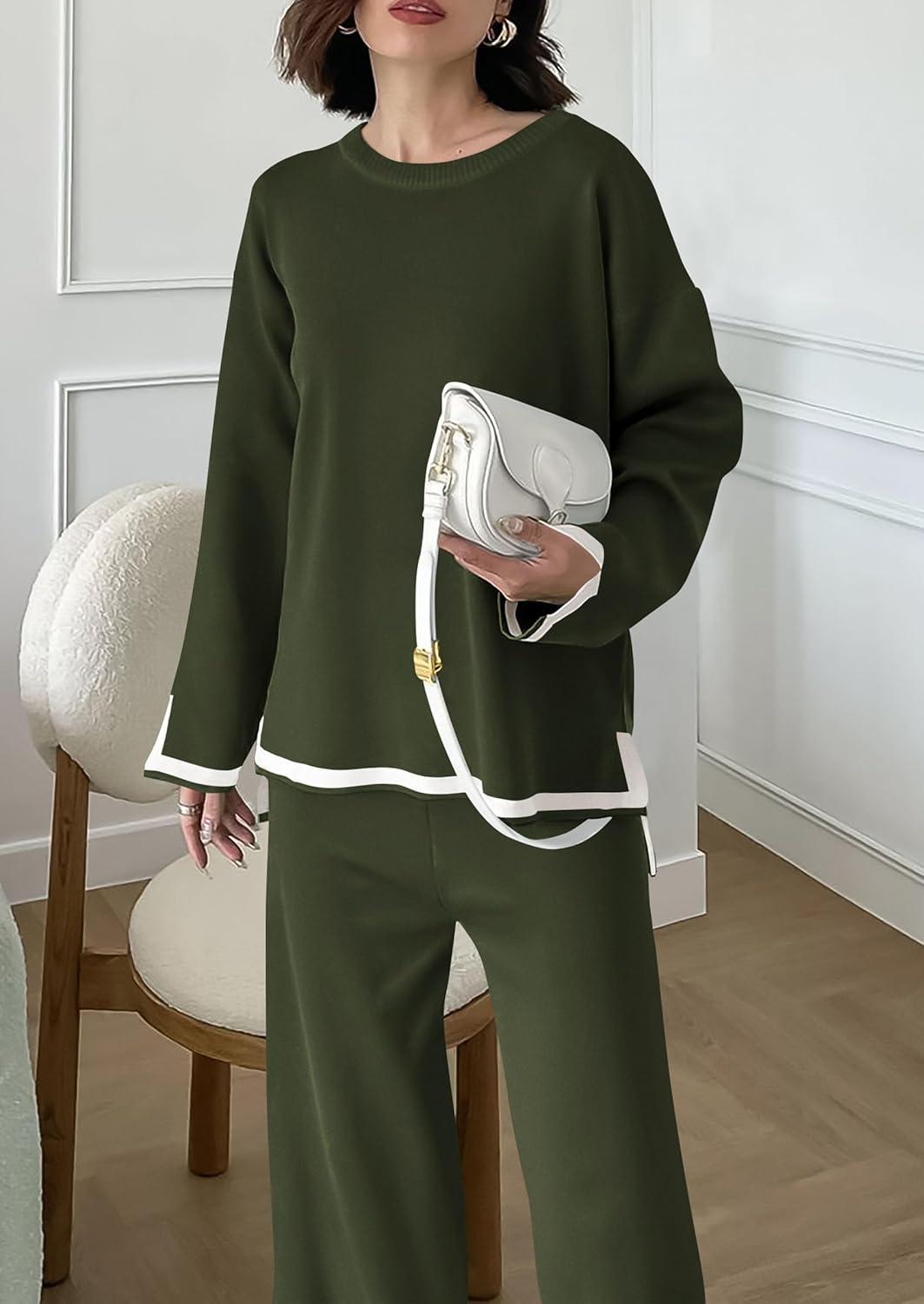 imagePRETTYGARDEN Womens 2 Piece Fall Knit Sweater Set Long Sleeve Tops Wide Leg Pants Sweatsuit Tracksuit Outfit Winter ClothingArmy Green