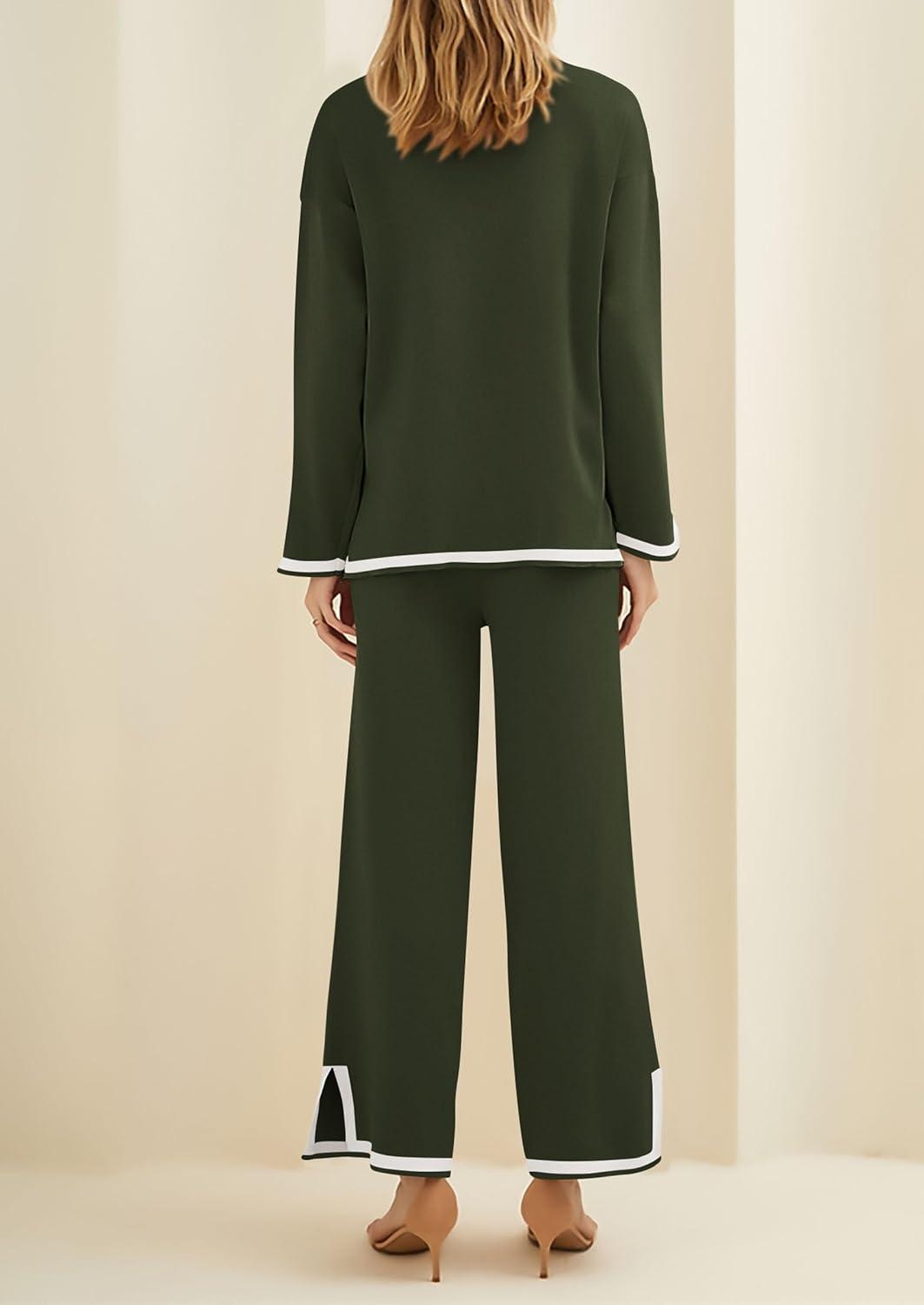 imagePRETTYGARDEN Womens 2 Piece Fall Knit Sweater Set Long Sleeve Tops Wide Leg Pants Sweatsuit Tracksuit Outfit Winter ClothingArmy Green