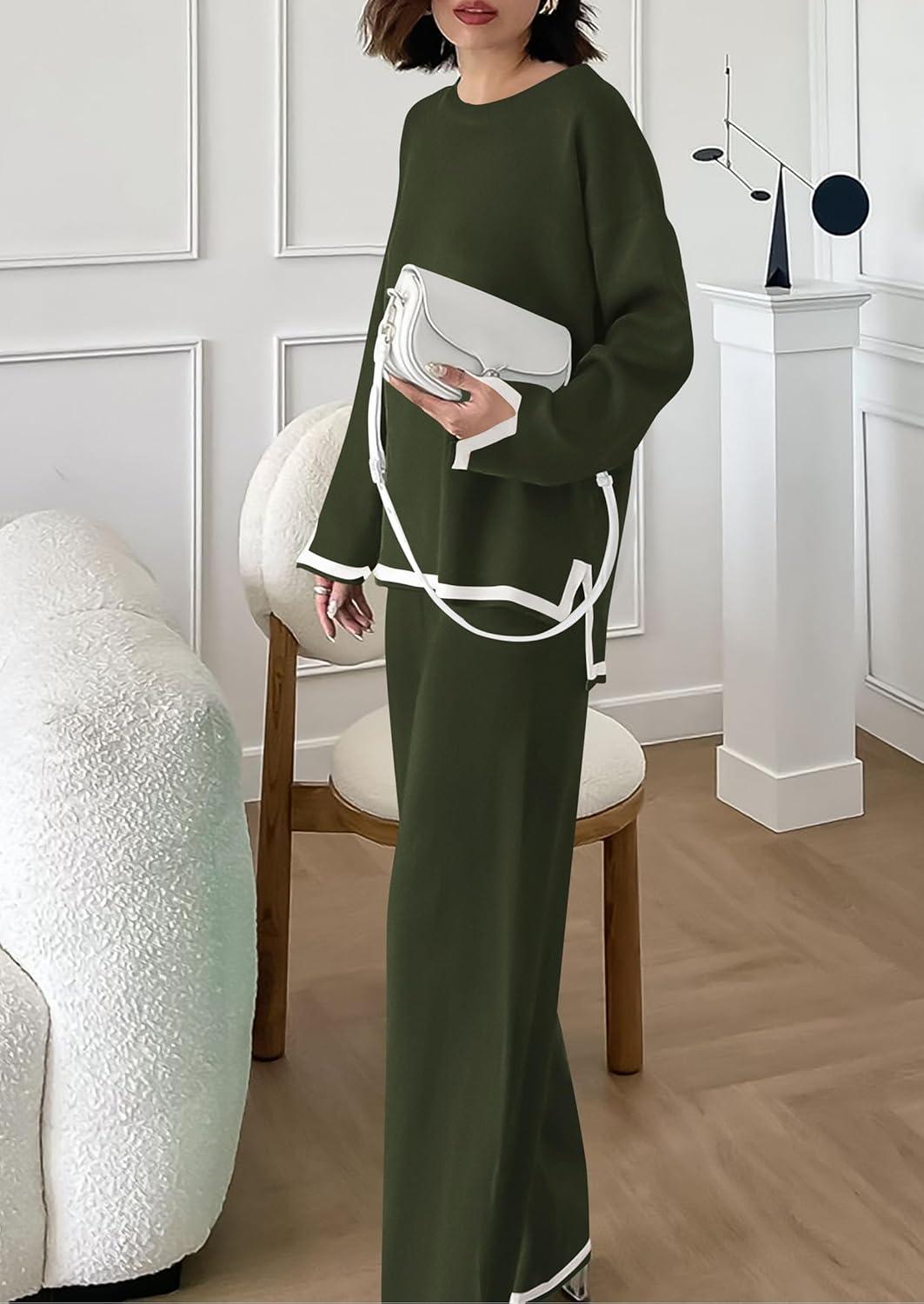 imagePRETTYGARDEN Womens 2 Piece Fall Knit Sweater Set Long Sleeve Tops Wide Leg Pants Sweatsuit Tracksuit Outfit Winter ClothingArmy Green