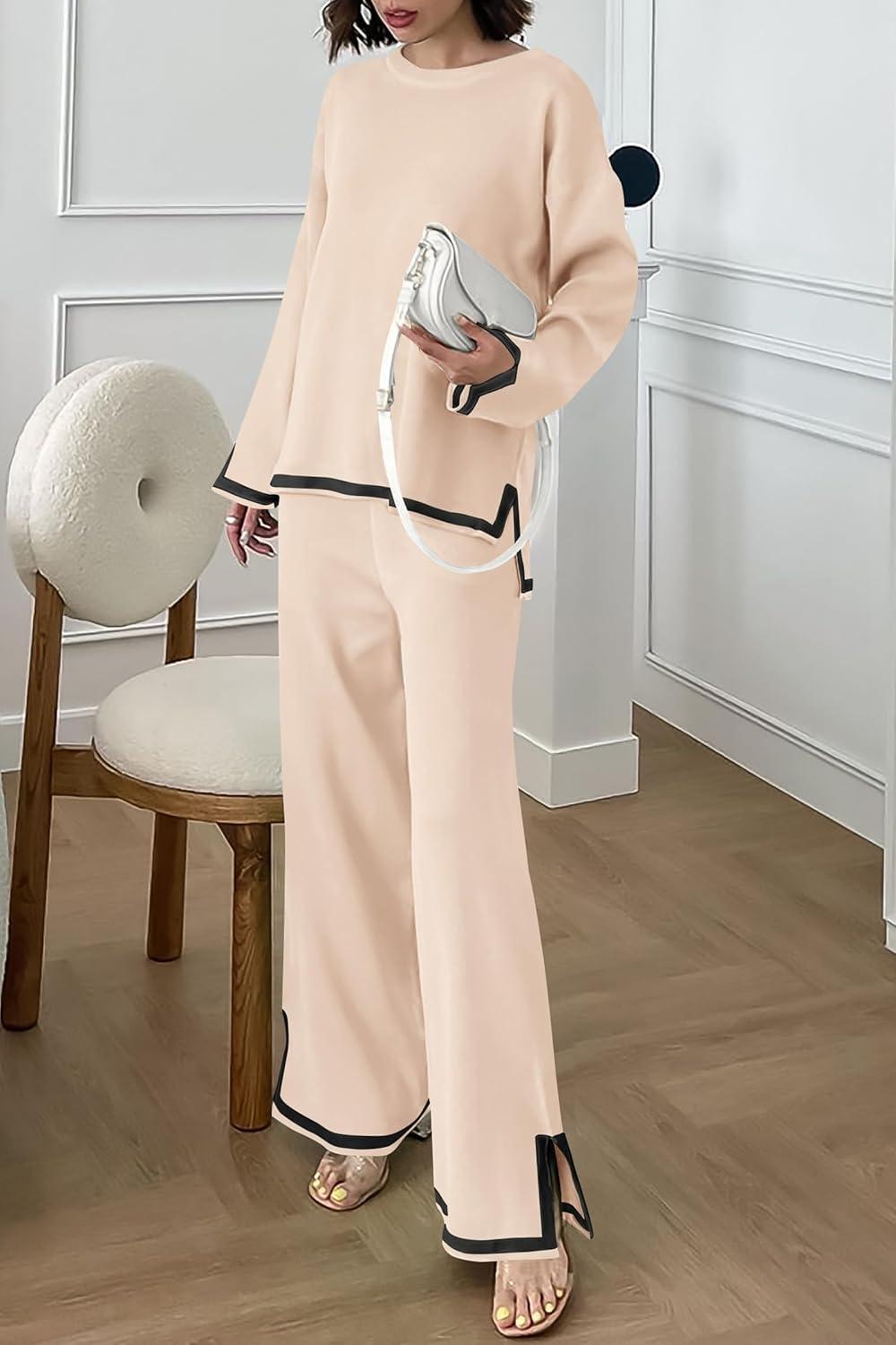 imagePRETTYGARDEN Womens 2 Piece Fall Knit Sweater Set Long Sleeve Tops Wide Leg Pants Sweatsuit Tracksuit Outfit Winter ClothingBeige