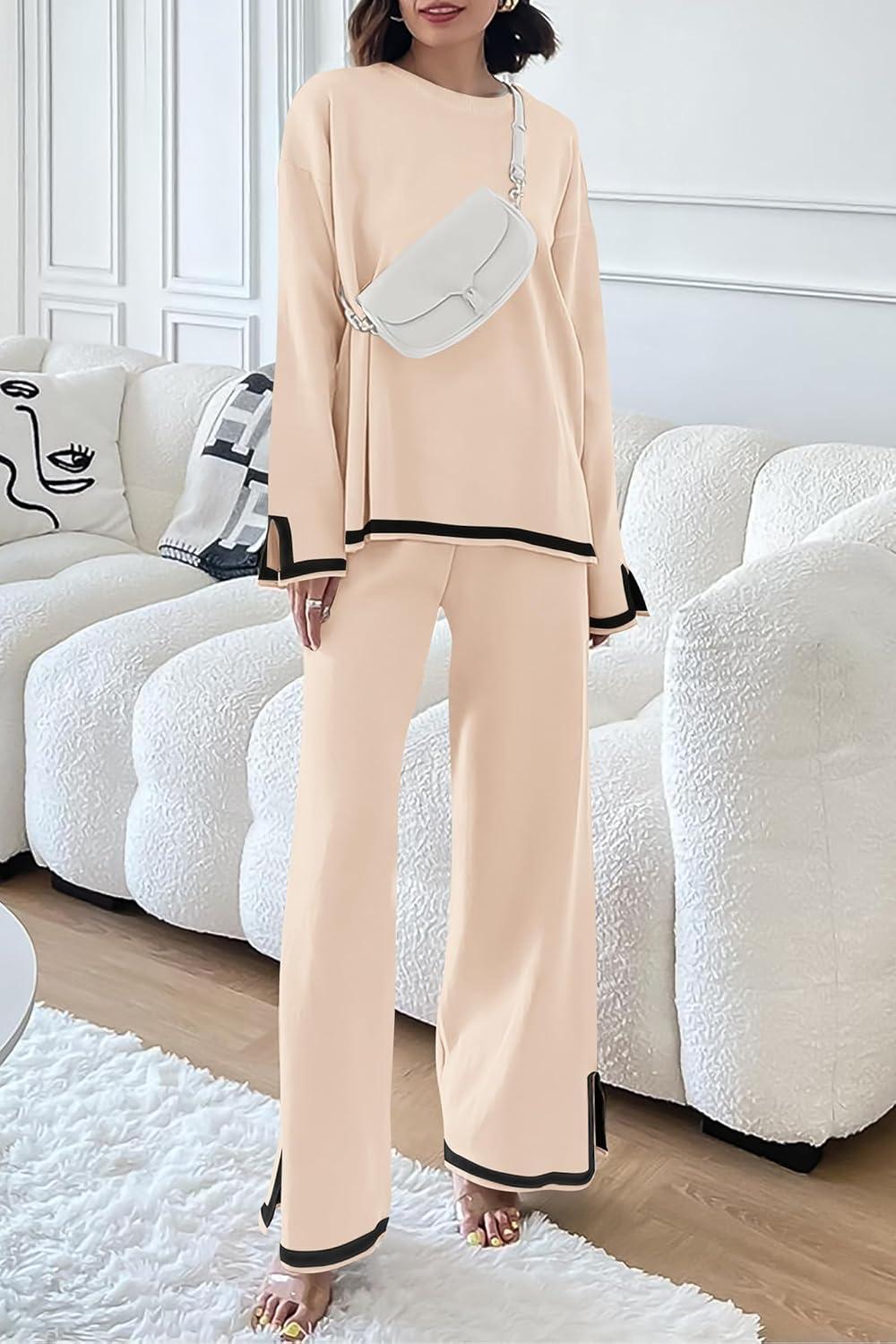 imagePRETTYGARDEN Womens 2 Piece Fall Knit Sweater Set Long Sleeve Tops Wide Leg Pants Sweatsuit Tracksuit Outfit Winter ClothingBeige