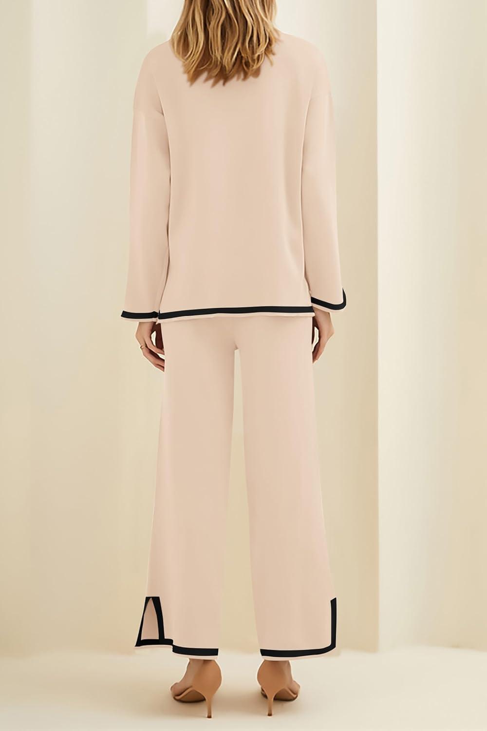 imagePRETTYGARDEN Womens 2 Piece Fall Knit Sweater Set Long Sleeve Tops Wide Leg Pants Sweatsuit Tracksuit Outfit Winter ClothingBeige