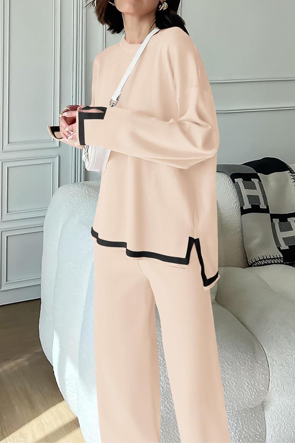 imagePRETTYGARDEN Womens 2 Piece Fall Knit Sweater Set Long Sleeve Tops Wide Leg Pants Sweatsuit Tracksuit Outfit Winter ClothingBeige