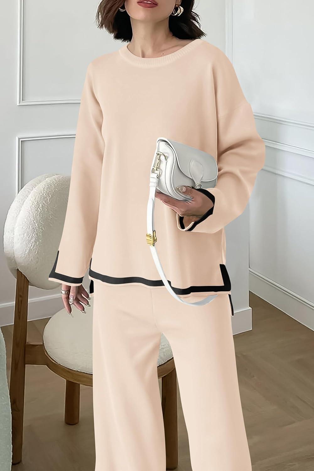 imagePRETTYGARDEN Womens 2 Piece Fall Knit Sweater Set Long Sleeve Tops Wide Leg Pants Sweatsuit Tracksuit Outfit Winter ClothingBeige