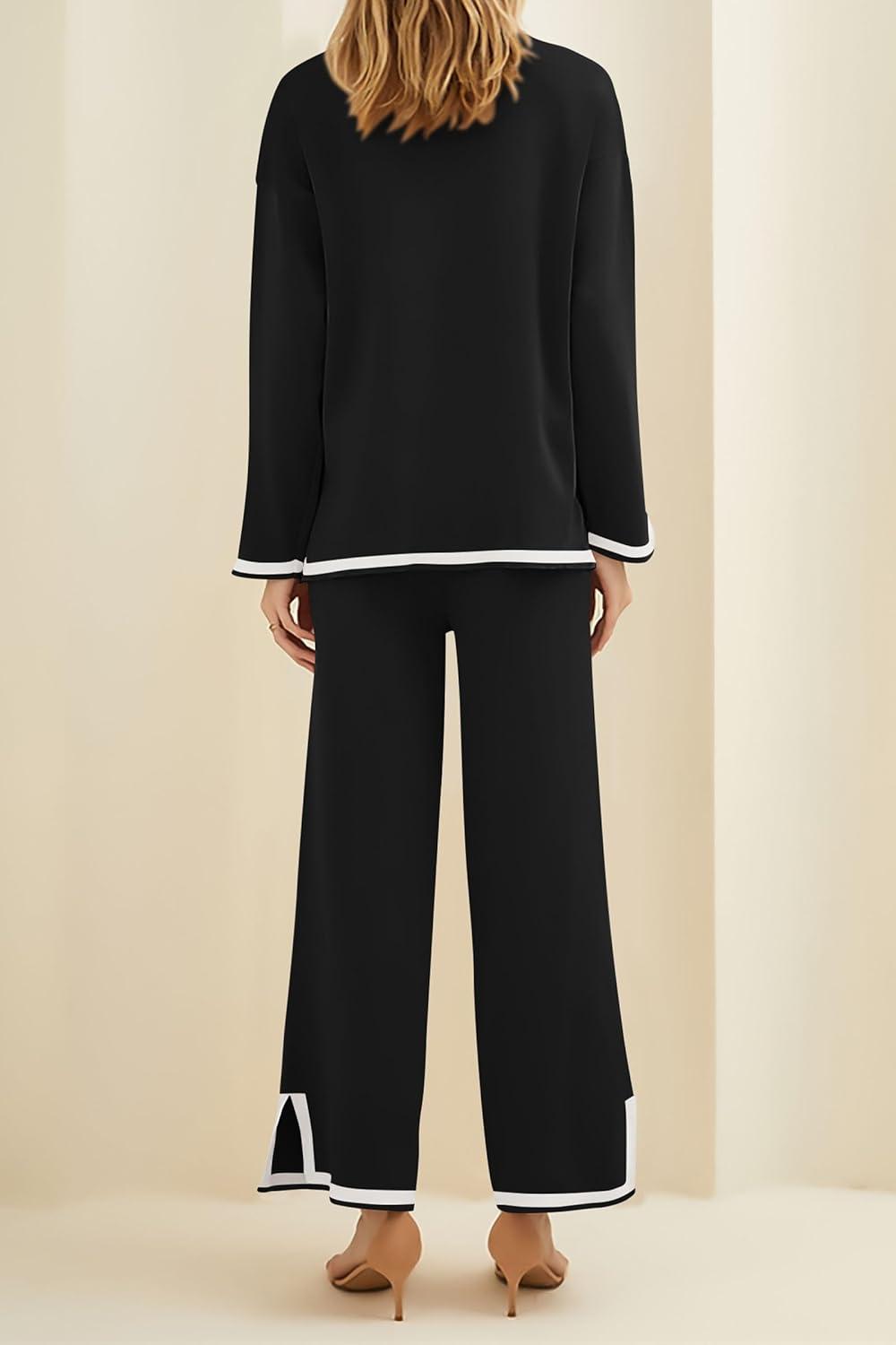 imagePRETTYGARDEN Womens 2 Piece Fall Knit Sweater Set Long Sleeve Tops Wide Leg Pants Sweatsuit Tracksuit Outfit Winter ClothingBlack