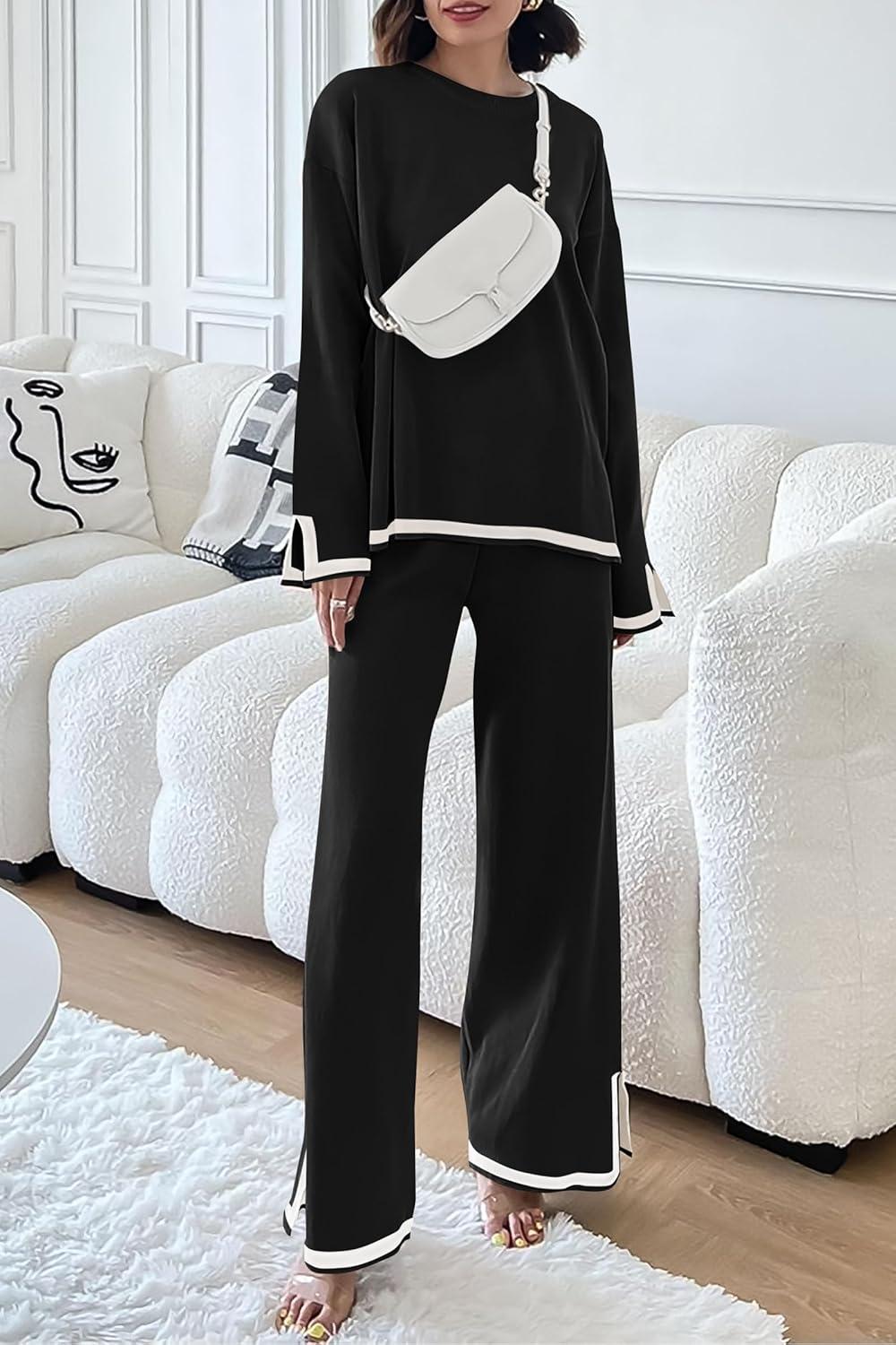 imagePRETTYGARDEN Womens 2 Piece Fall Knit Sweater Set Long Sleeve Tops Wide Leg Pants Sweatsuit Tracksuit Outfit Winter ClothingBlack