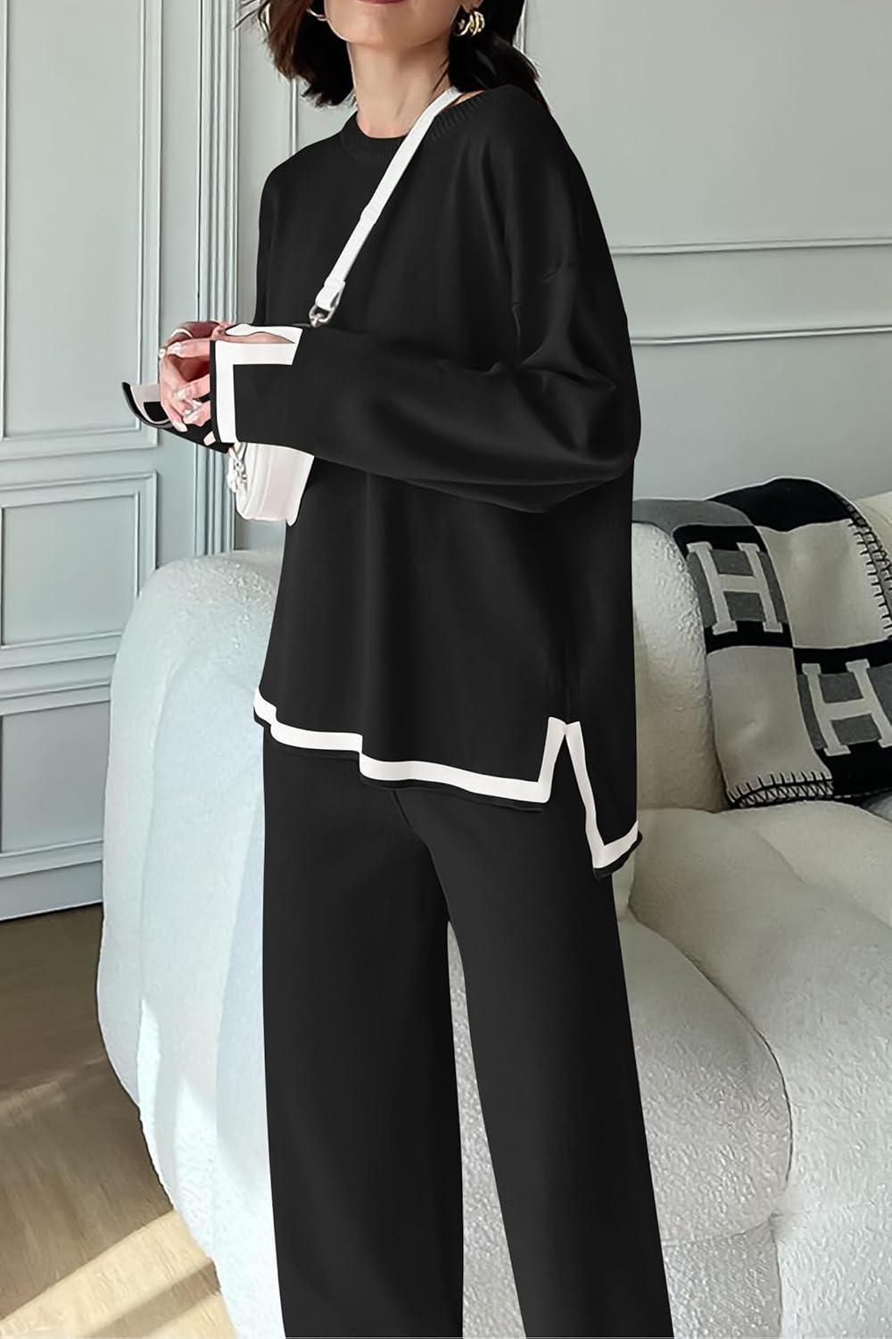 imagePRETTYGARDEN Womens 2 Piece Fall Knit Sweater Set Long Sleeve Tops Wide Leg Pants Sweatsuit Tracksuit Outfit Winter ClothingBlack