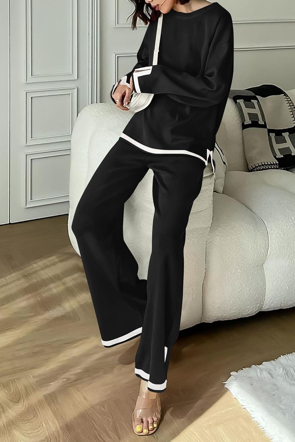 imagePRETTYGARDEN Womens 2 Piece Fall Knit Sweater Set Long Sleeve Tops Wide Leg Pants Sweatsuit Tracksuit Outfit Winter ClothingBlack