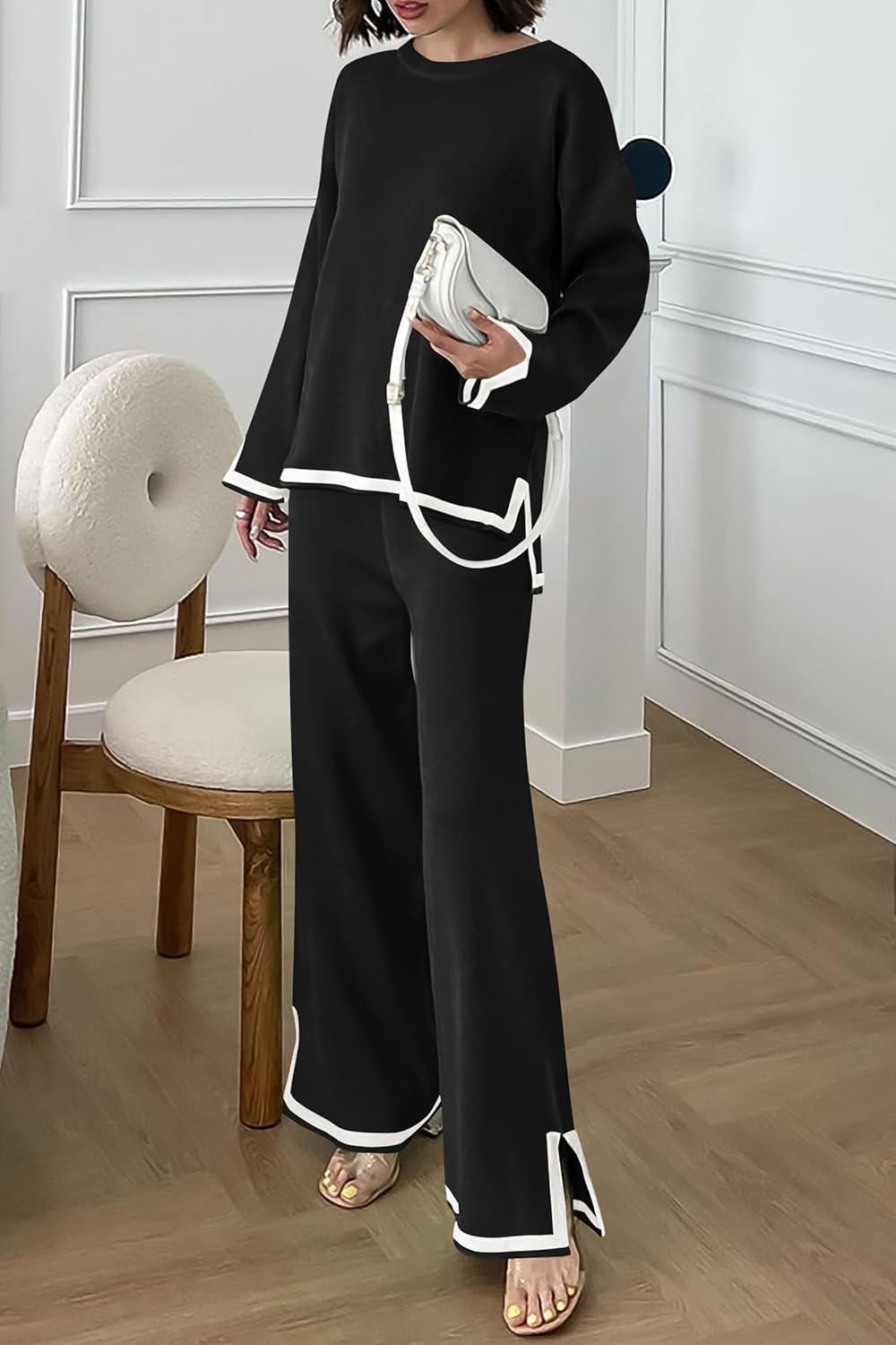 imagePRETTYGARDEN Womens 2 Piece Fall Knit Sweater Set Long Sleeve Tops Wide Leg Pants Sweatsuit Tracksuit Outfit Winter ClothingBlack