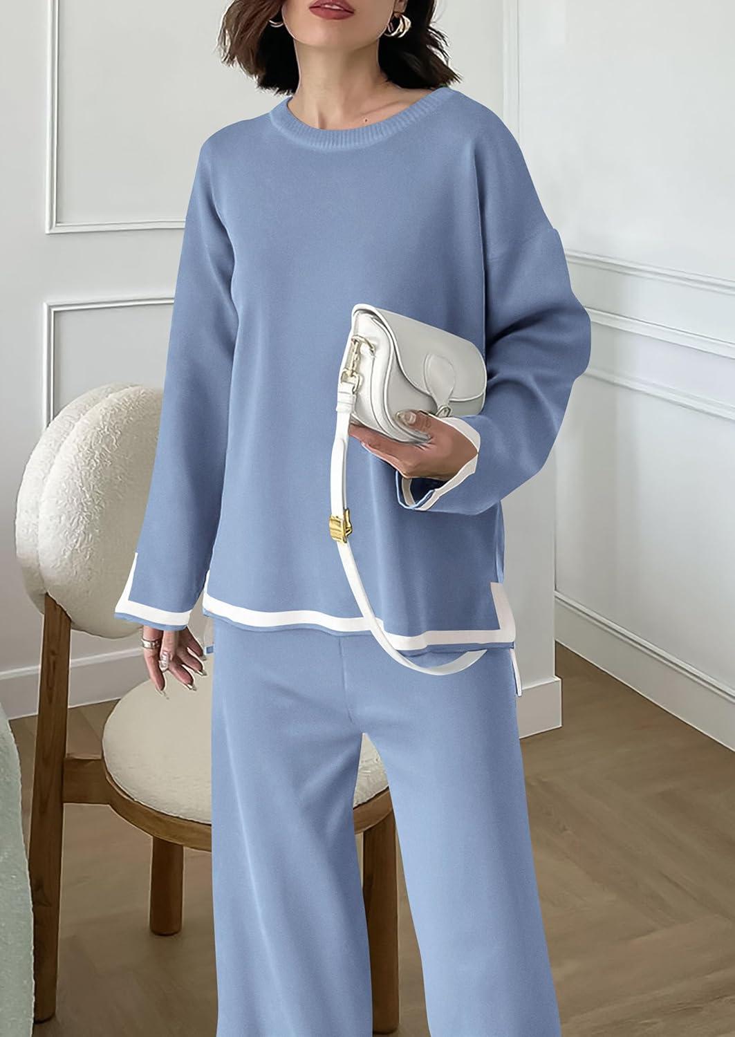 imagePRETTYGARDEN Womens 2 Piece Fall Knit Sweater Set Long Sleeve Tops Wide Leg Pants Sweatsuit Tracksuit Outfit Winter ClothingBlue