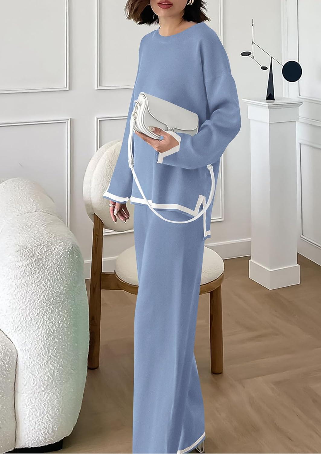 imagePRETTYGARDEN Womens 2 Piece Fall Knit Sweater Set Long Sleeve Tops Wide Leg Pants Sweatsuit Tracksuit Outfit Winter ClothingBlue