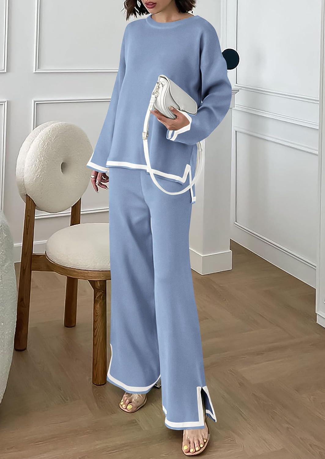 imagePRETTYGARDEN Womens 2 Piece Fall Knit Sweater Set Long Sleeve Tops Wide Leg Pants Sweatsuit Tracksuit Outfit Winter ClothingBlue