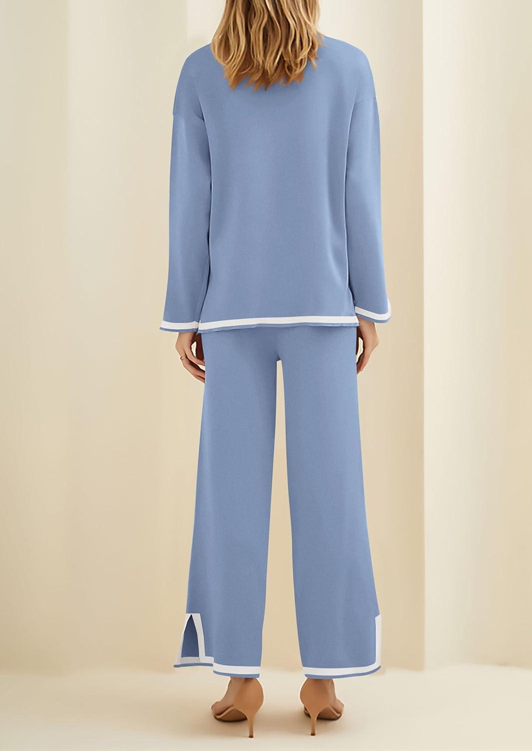 imagePRETTYGARDEN Womens 2 Piece Fall Knit Sweater Set Long Sleeve Tops Wide Leg Pants Sweatsuit Tracksuit Outfit Winter ClothingBlue