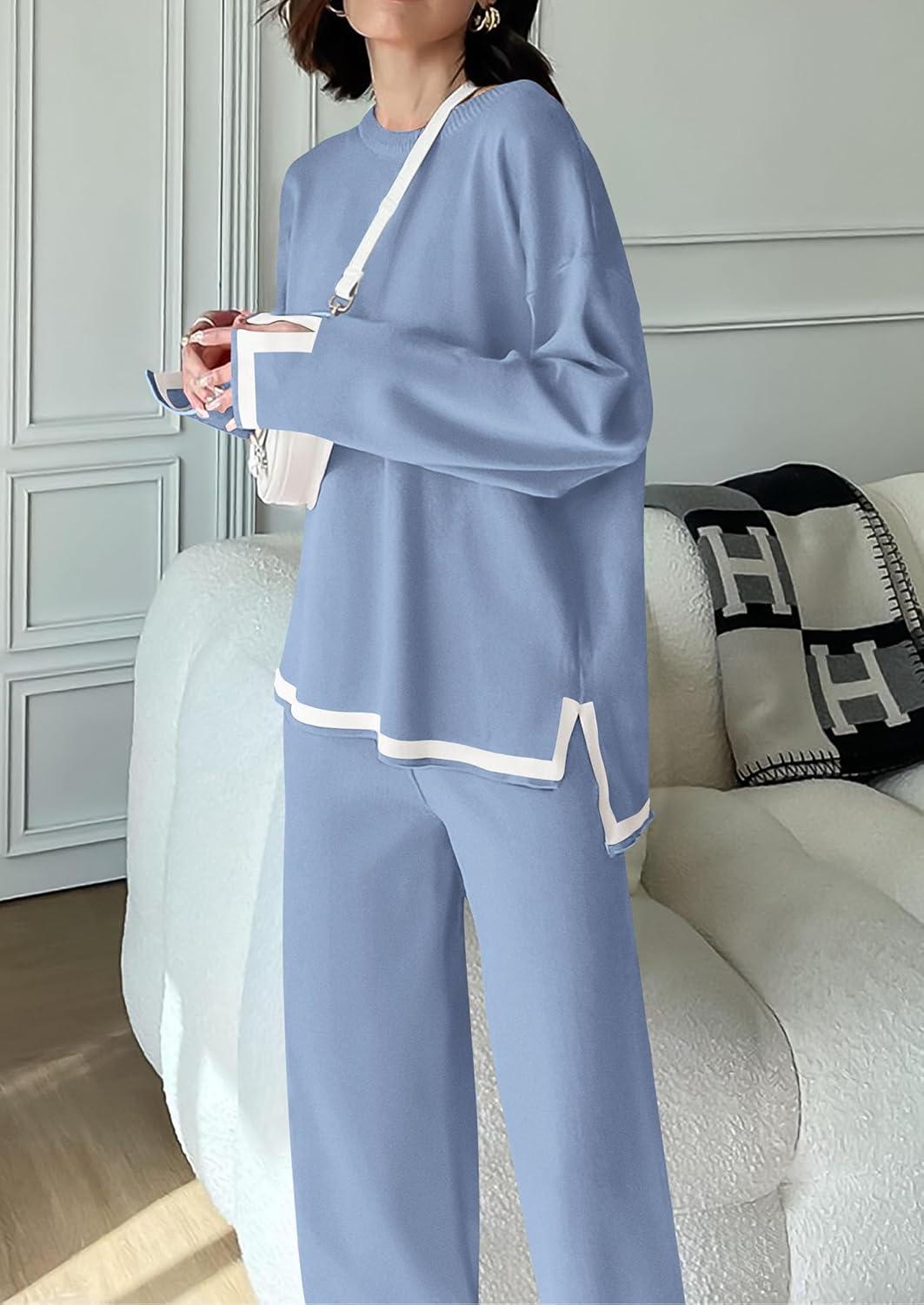 imagePRETTYGARDEN Womens 2 Piece Fall Knit Sweater Set Long Sleeve Tops Wide Leg Pants Sweatsuit Tracksuit Outfit Winter ClothingBlue