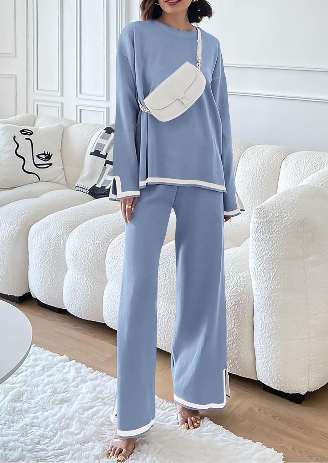 imagePRETTYGARDEN Womens 2 Piece Fall Knit Sweater Set Long Sleeve Tops Wide Leg Pants Sweatsuit Tracksuit Outfit Winter ClothingBlue