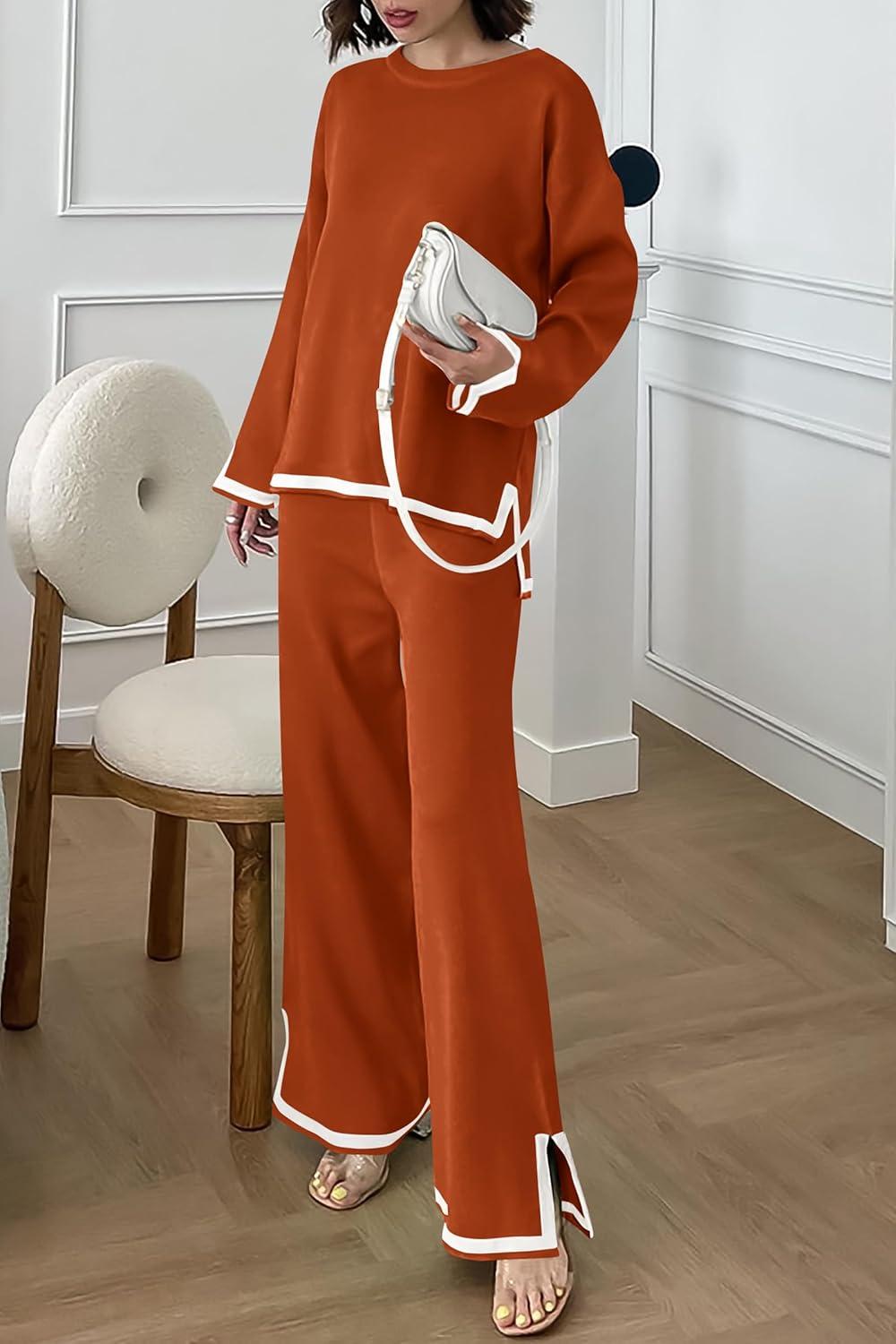 imagePRETTYGARDEN Womens 2 Piece Fall Knit Sweater Set Long Sleeve Tops Wide Leg Pants Sweatsuit Tracksuit Outfit Winter ClothingCaramel