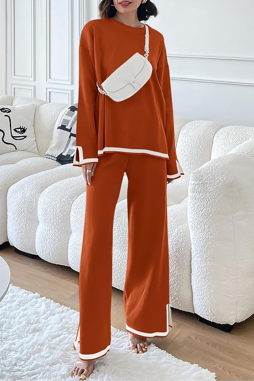 imagePRETTYGARDEN Womens 2 Piece Fall Knit Sweater Set Long Sleeve Tops Wide Leg Pants Sweatsuit Tracksuit Outfit Winter ClothingCaramel