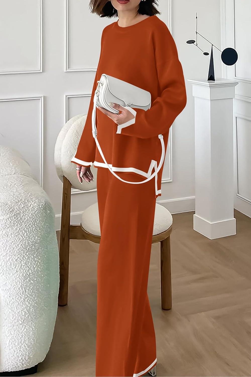 imagePRETTYGARDEN Womens 2 Piece Fall Knit Sweater Set Long Sleeve Tops Wide Leg Pants Sweatsuit Tracksuit Outfit Winter ClothingCaramel