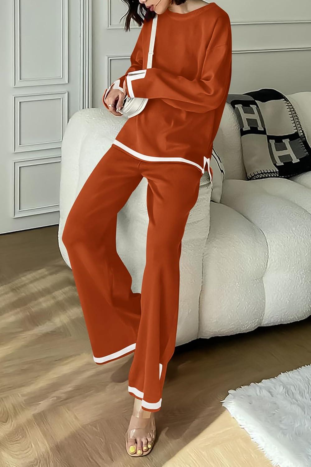 imagePRETTYGARDEN Womens 2 Piece Fall Knit Sweater Set Long Sleeve Tops Wide Leg Pants Sweatsuit Tracksuit Outfit Winter ClothingCaramel