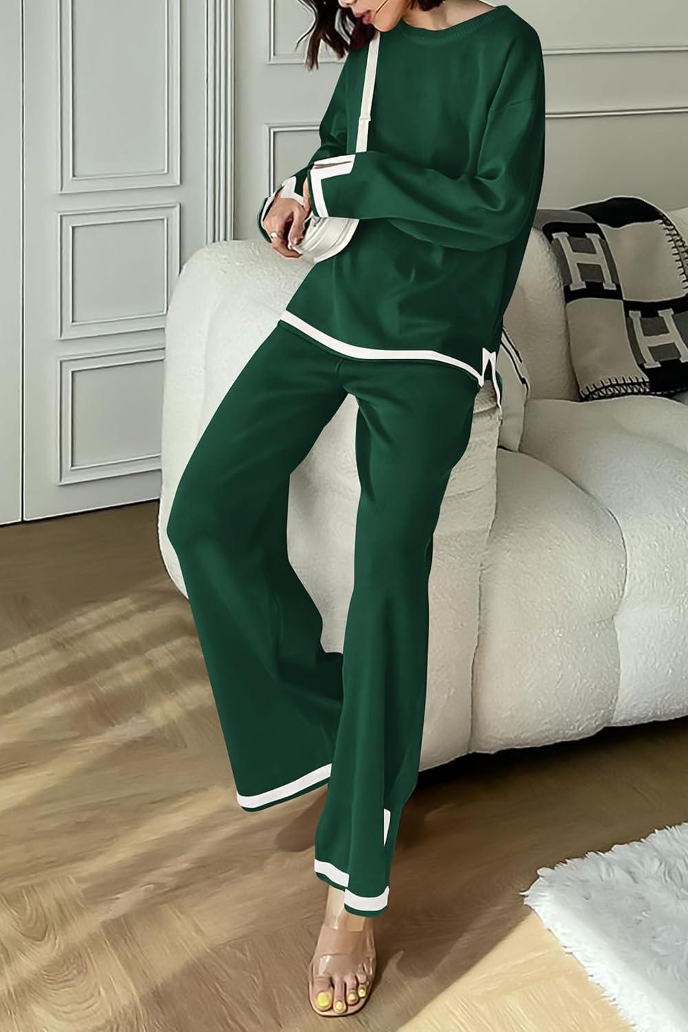 imagePRETTYGARDEN Womens 2 Piece Fall Knit Sweater Set Long Sleeve Tops Wide Leg Pants Sweatsuit Tracksuit Outfit Winter ClothingGreen