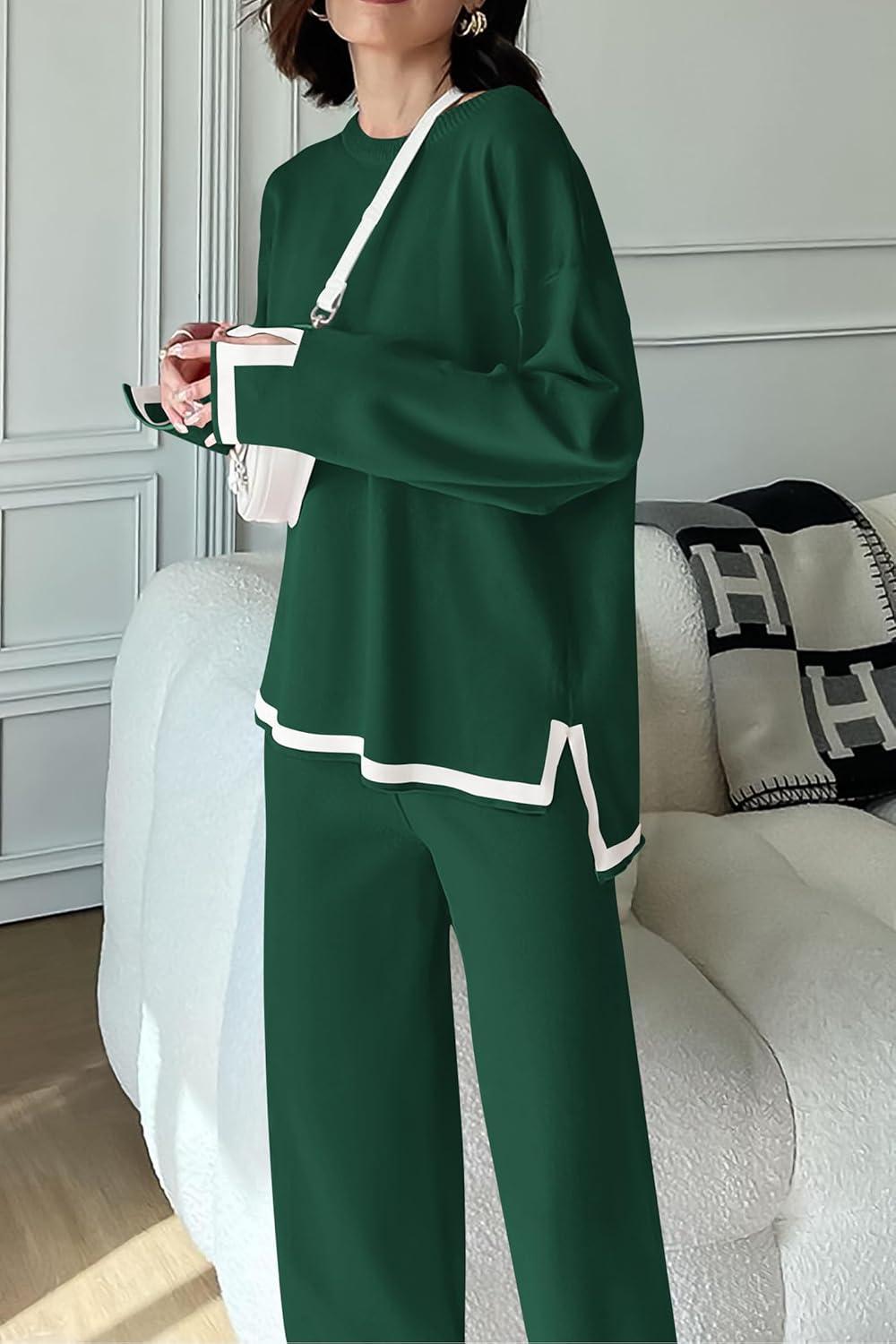 imagePRETTYGARDEN Womens 2 Piece Fall Knit Sweater Set Long Sleeve Tops Wide Leg Pants Sweatsuit Tracksuit Outfit Winter ClothingGreen