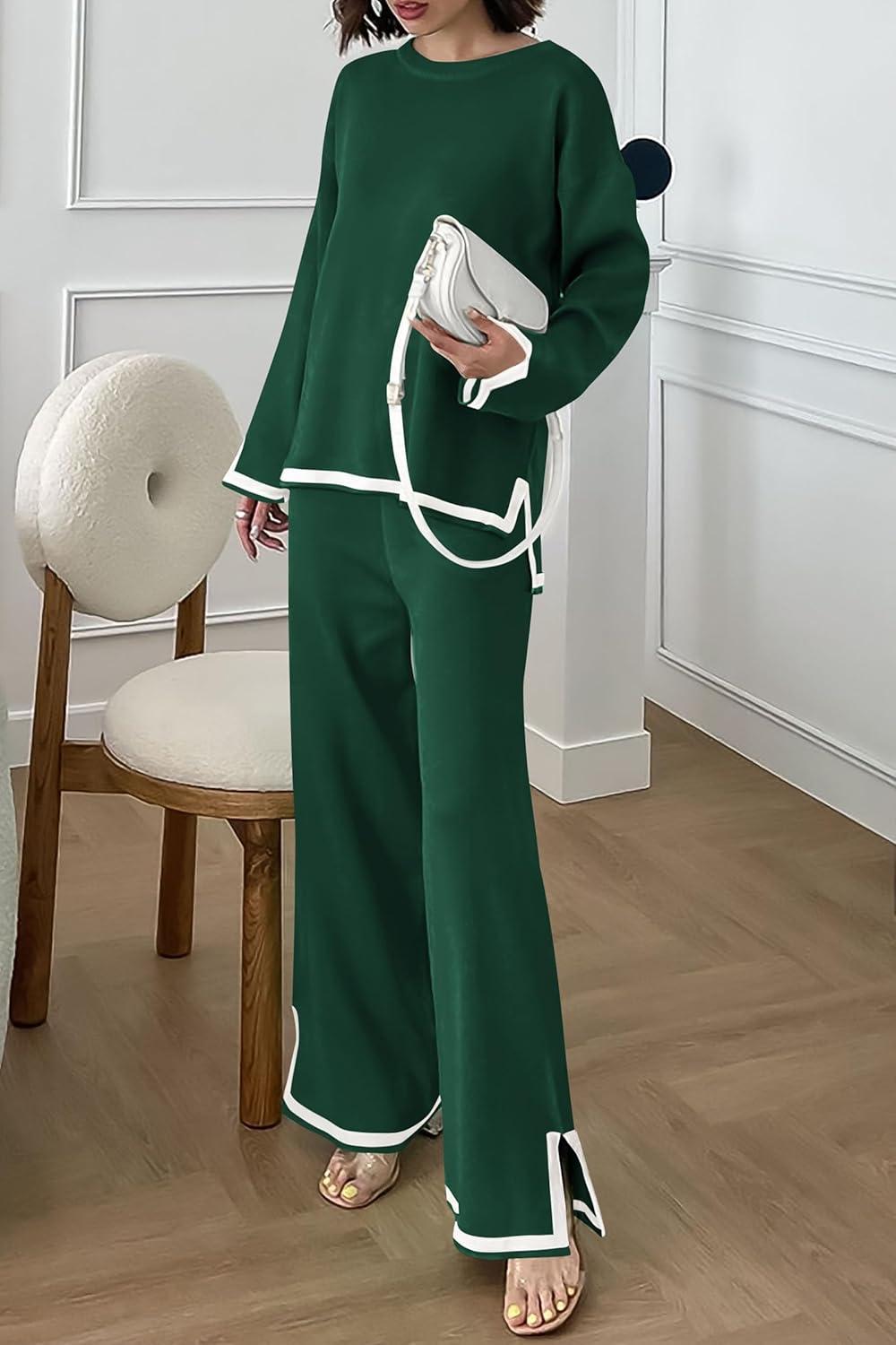 imagePRETTYGARDEN Womens 2 Piece Fall Knit Sweater Set Long Sleeve Tops Wide Leg Pants Sweatsuit Tracksuit Outfit Winter ClothingGreen