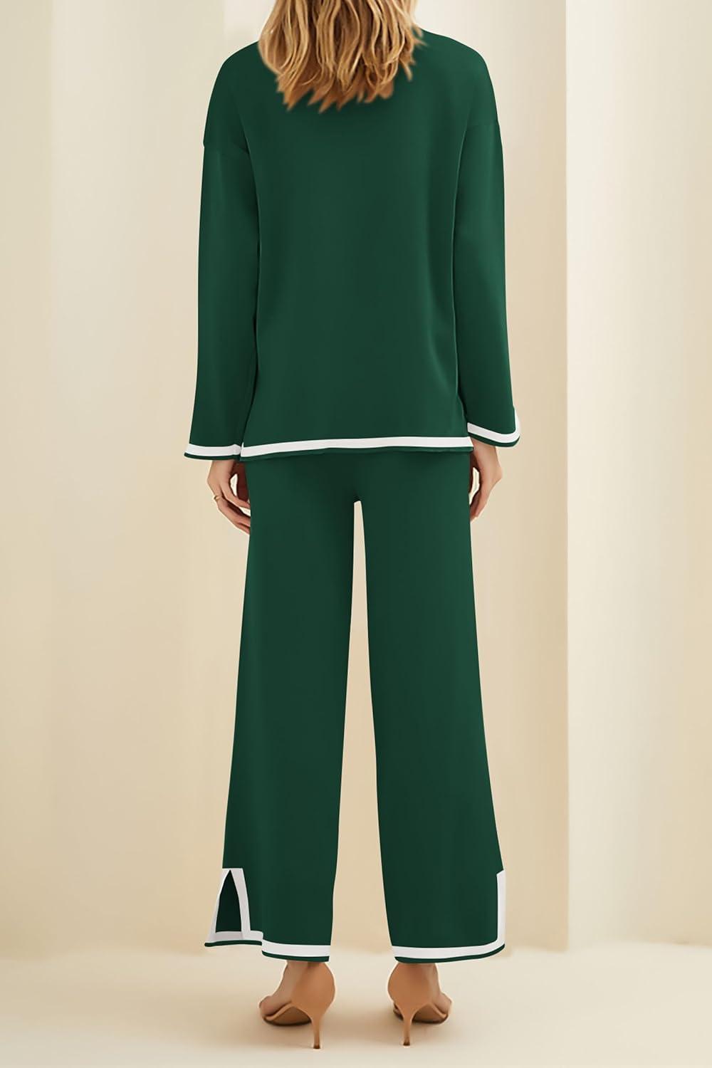 imagePRETTYGARDEN Womens 2 Piece Fall Knit Sweater Set Long Sleeve Tops Wide Leg Pants Sweatsuit Tracksuit Outfit Winter ClothingGreen