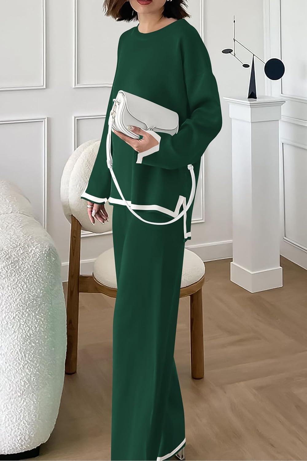 imagePRETTYGARDEN Womens 2 Piece Fall Knit Sweater Set Long Sleeve Tops Wide Leg Pants Sweatsuit Tracksuit Outfit Winter ClothingGreen