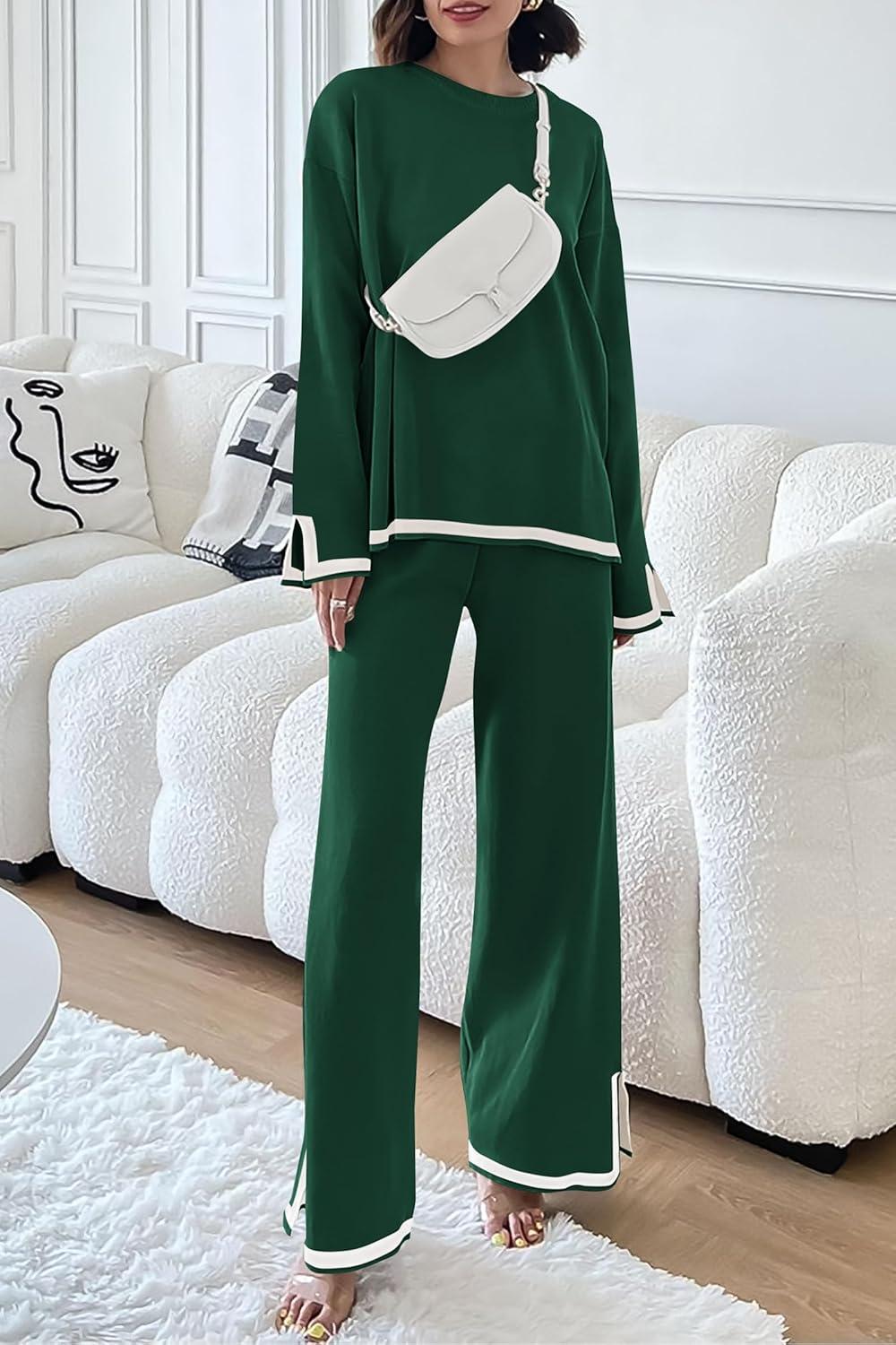 imagePRETTYGARDEN Womens 2 Piece Fall Knit Sweater Set Long Sleeve Tops Wide Leg Pants Sweatsuit Tracksuit Outfit Winter ClothingGreen