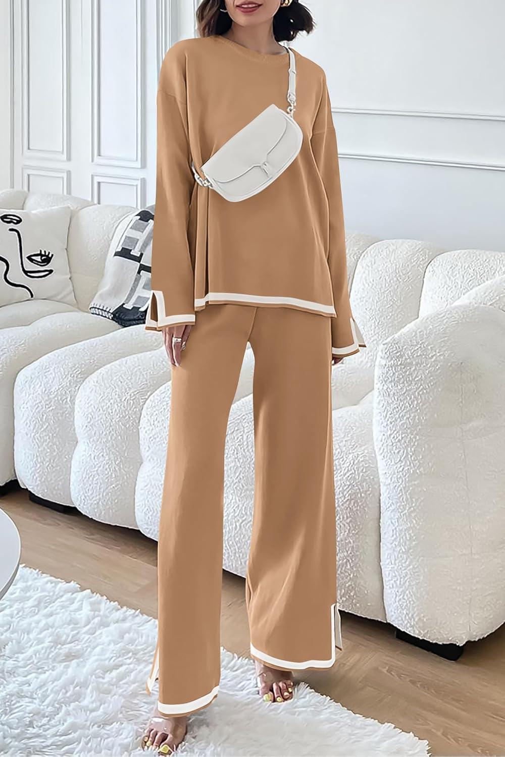 imagePRETTYGARDEN Womens 2 Piece Fall Knit Sweater Set Long Sleeve Tops Wide Leg Pants Sweatsuit Tracksuit Outfit Winter ClothingKhaki