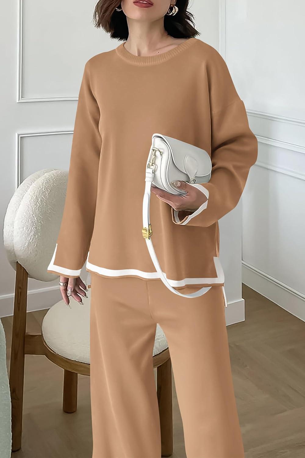imagePRETTYGARDEN Womens 2 Piece Fall Knit Sweater Set Long Sleeve Tops Wide Leg Pants Sweatsuit Tracksuit Outfit Winter ClothingKhaki