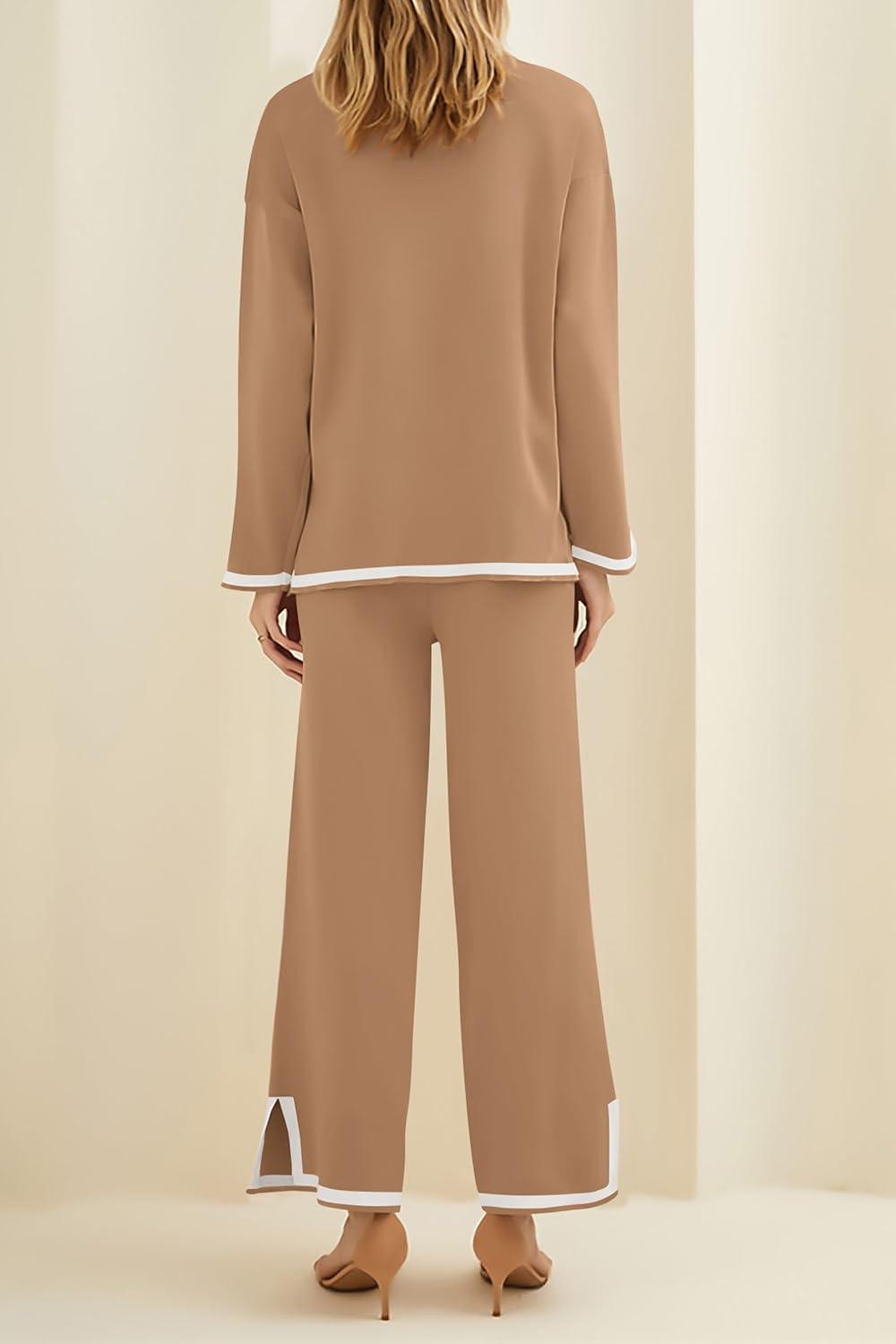 imagePRETTYGARDEN Womens 2 Piece Fall Knit Sweater Set Long Sleeve Tops Wide Leg Pants Sweatsuit Tracksuit Outfit Winter ClothingKhaki