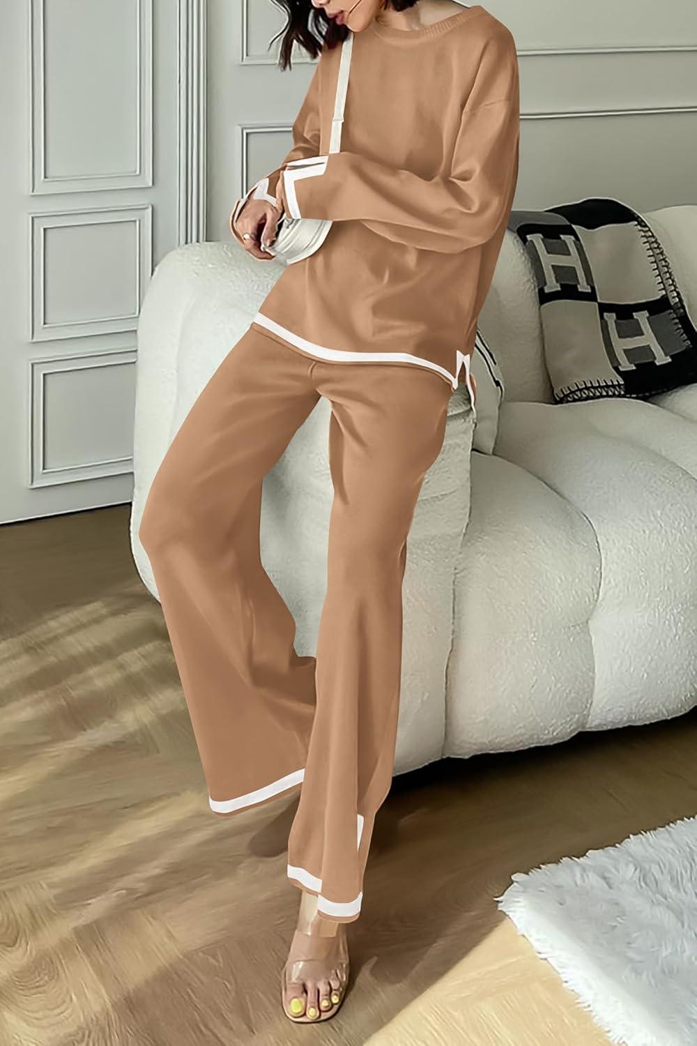 imagePRETTYGARDEN Womens 2 Piece Fall Knit Sweater Set Long Sleeve Tops Wide Leg Pants Sweatsuit Tracksuit Outfit Winter ClothingKhaki