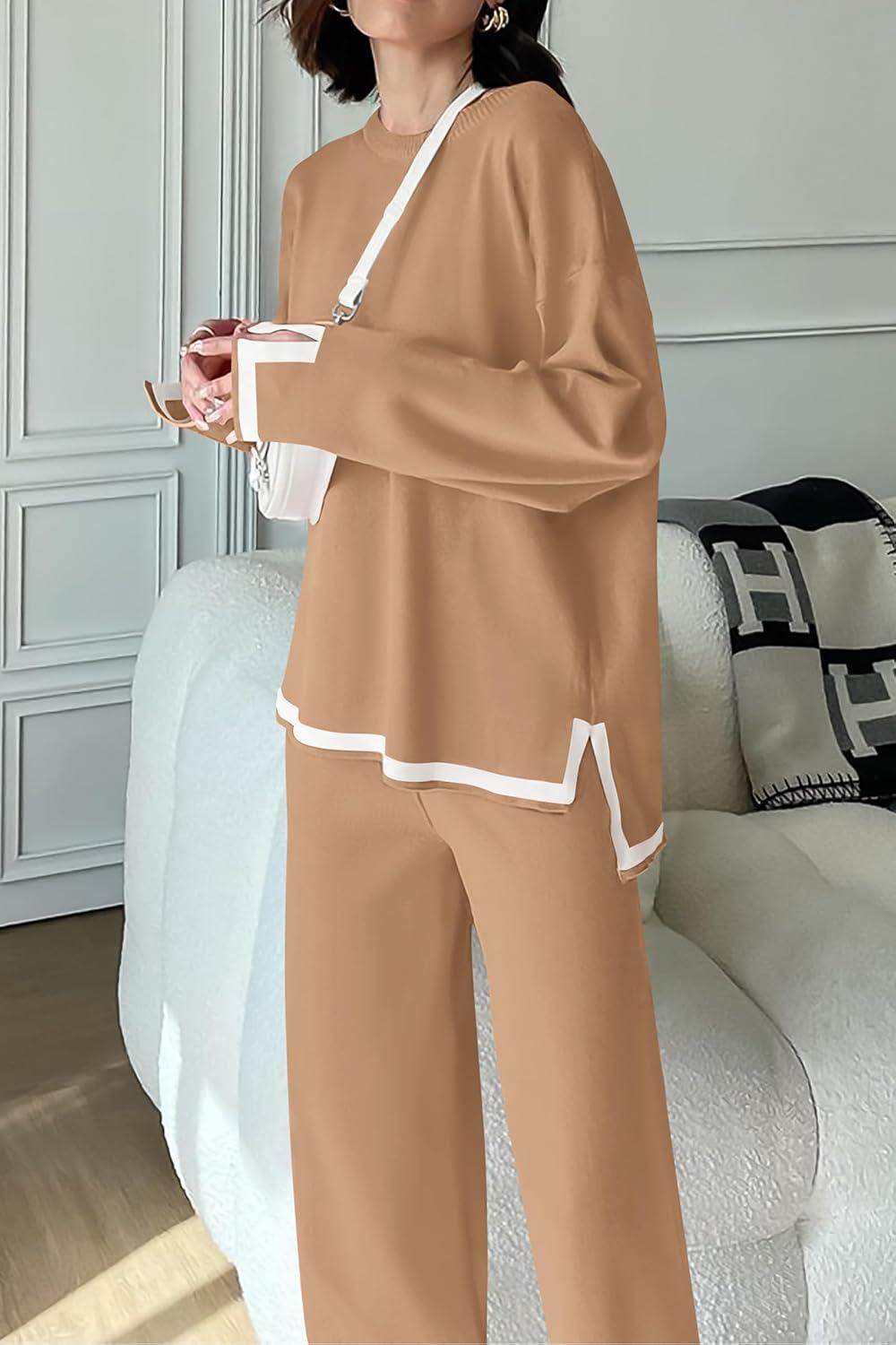 imagePRETTYGARDEN Womens 2 Piece Fall Knit Sweater Set Long Sleeve Tops Wide Leg Pants Sweatsuit Tracksuit Outfit Winter ClothingKhaki