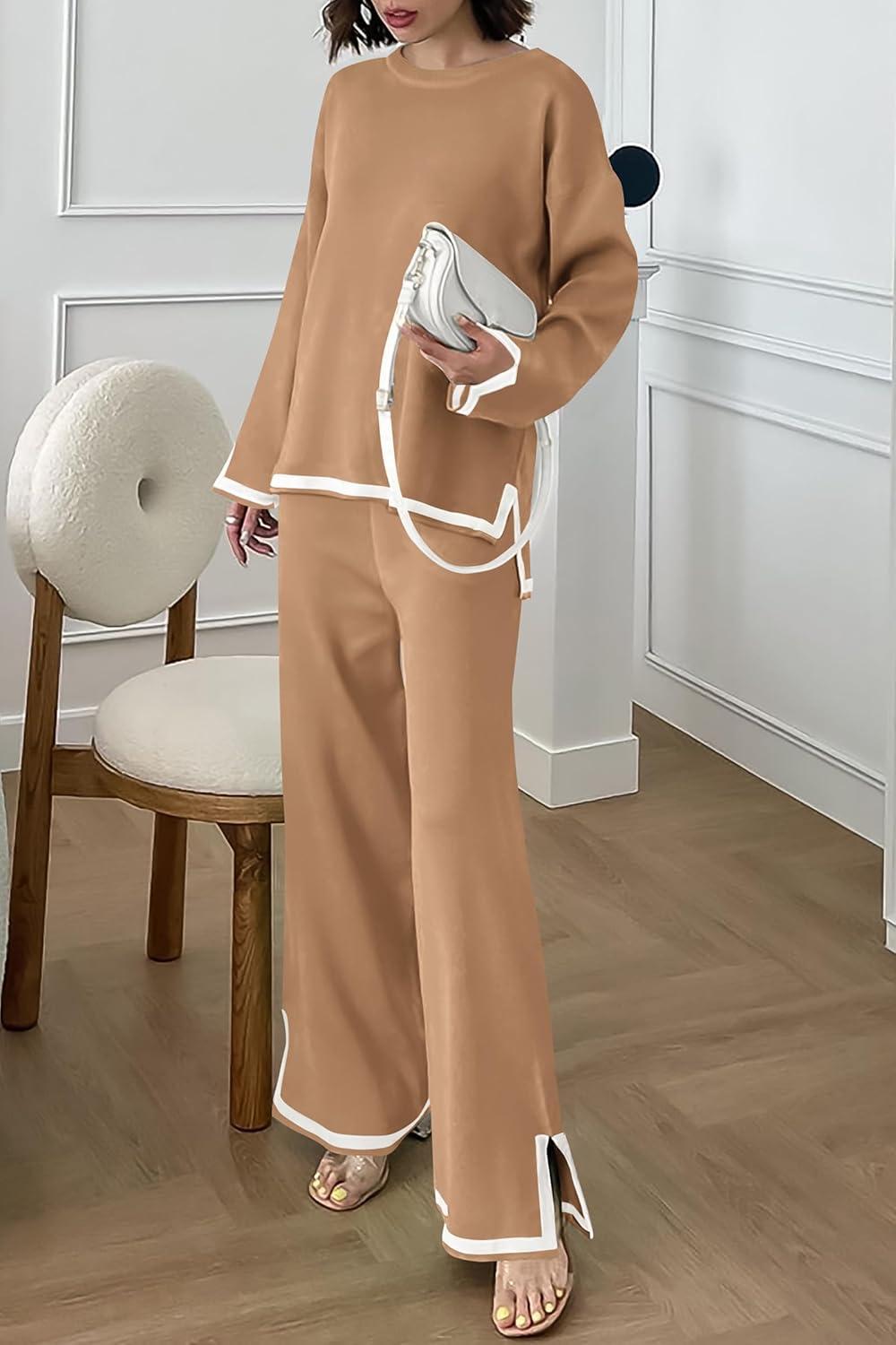 imagePRETTYGARDEN Womens 2 Piece Fall Knit Sweater Set Long Sleeve Tops Wide Leg Pants Sweatsuit Tracksuit Outfit Winter ClothingKhaki