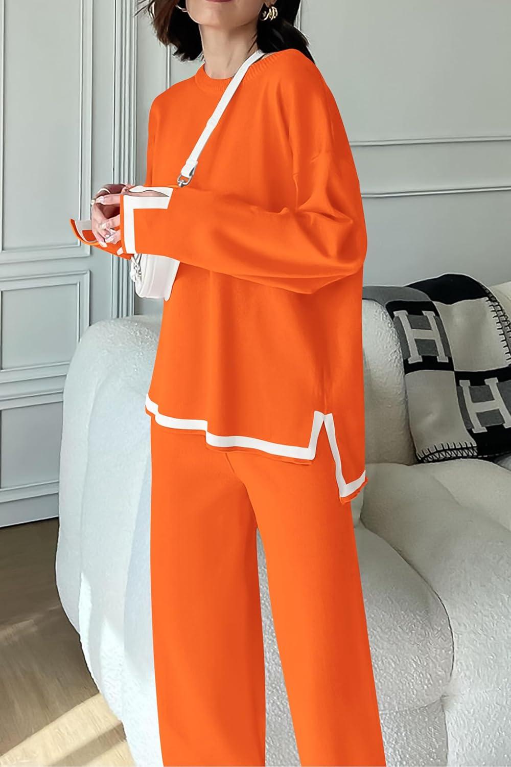 imagePRETTYGARDEN Womens 2 Piece Fall Knit Sweater Set Long Sleeve Tops Wide Leg Pants Sweatsuit Tracksuit Outfit Winter ClothingOrange